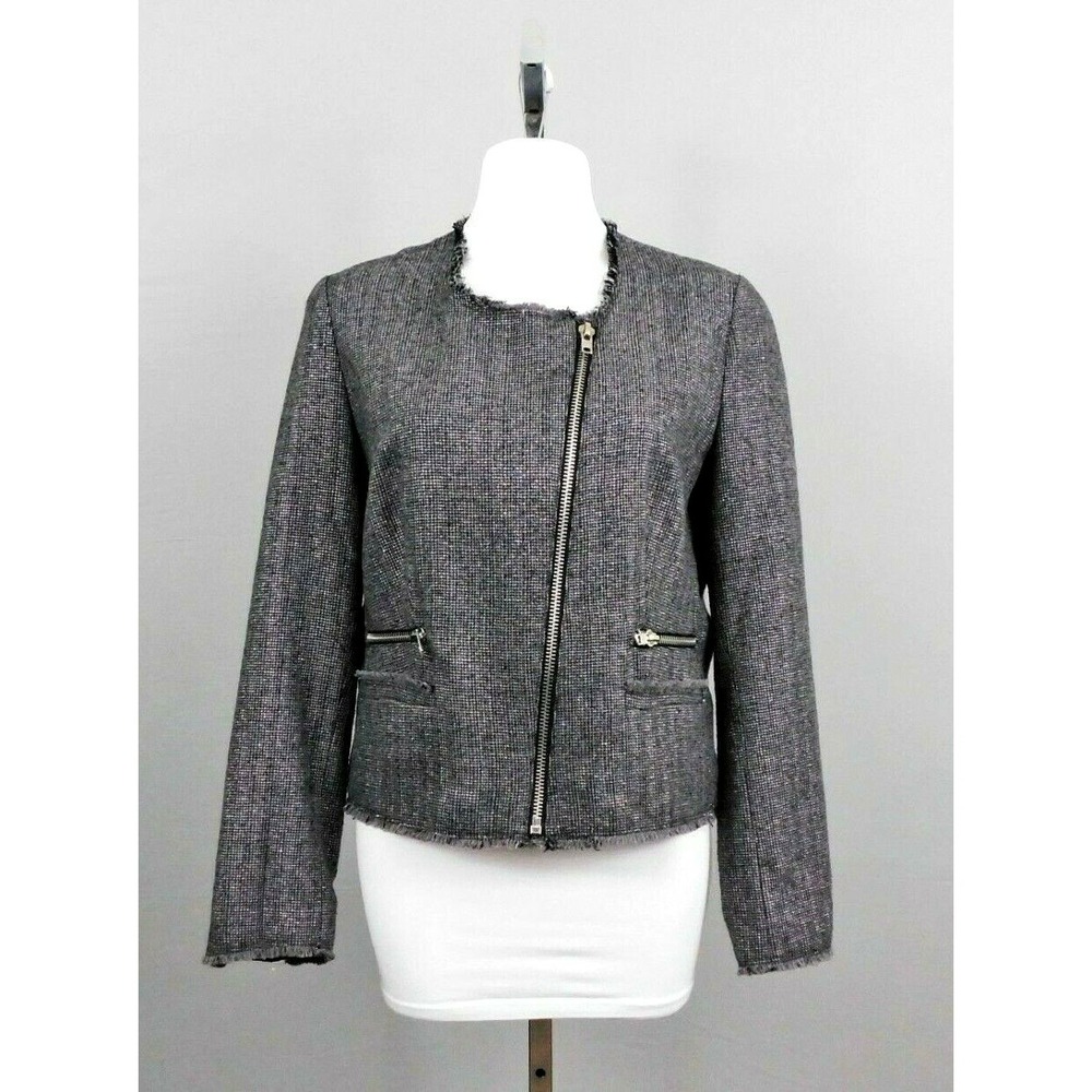 MNG Women Blazer, Size M, Gray, Silver Metallic, fringe, zipper